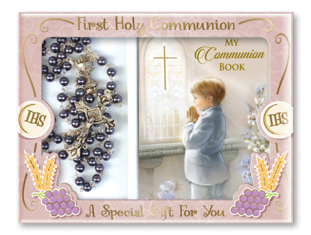 C6044 Communion Imitation Hematite Rosary Boy Prayer Book