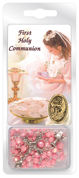 C6082 PK Communion Pink Acrylic Rosary Bead with Laminated Prayer Card