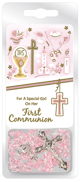 C6088 PINK Communion Rosary Acrylic Pink with Laminated Prayer Card