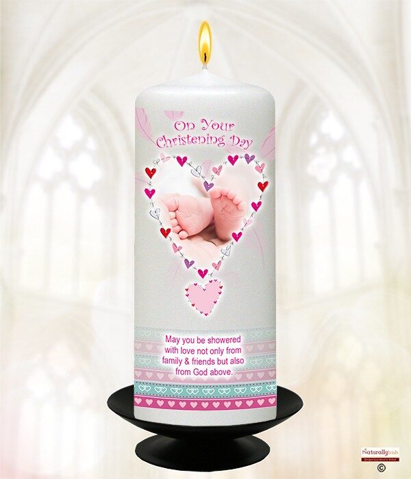 Feathered Heart Pink Christening Candle Product Code CHNP 987474 9inch 987481 6inch