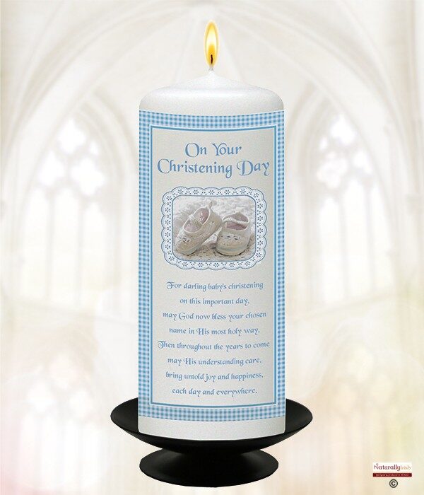 Gingham & Shoes Blue Christening Candle Product Code CHNP 959372 9inch 958405 6inch