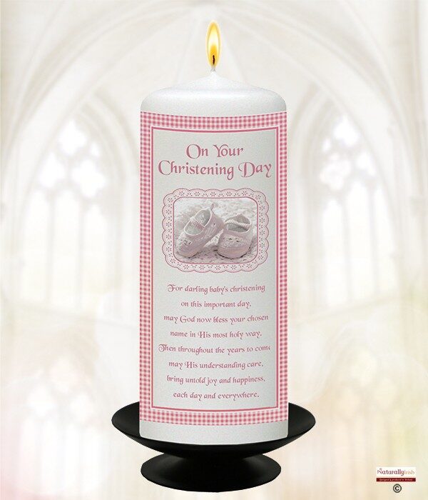 Gingham & Shoes Pink Christening Candle Product Code CHNP 959389 9inch 958412 6inch
