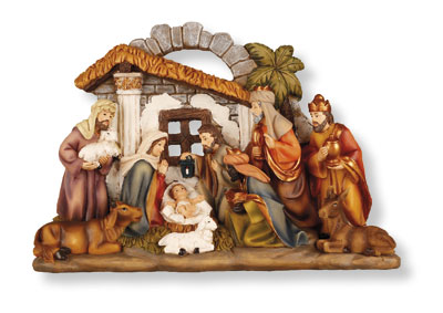 7.25  inch 10 Figure Resin Nativity Plaque with Shelter