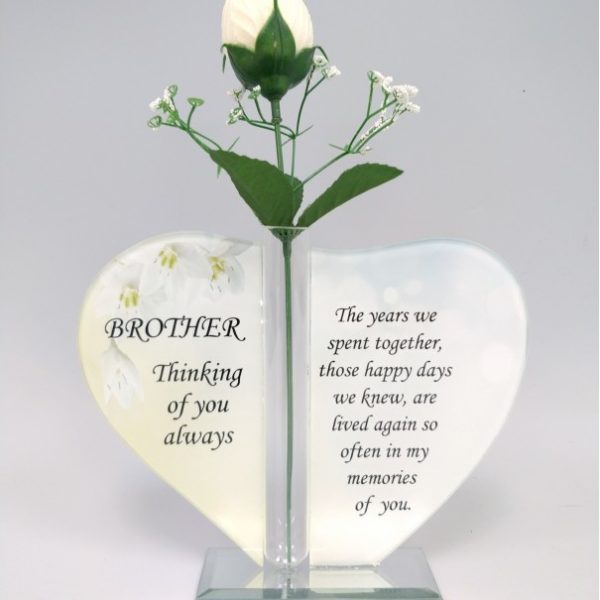 Brother Glass Heart Plaque with Single Silk Rose 1