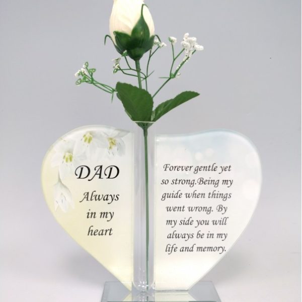 Dad Glass Heart Plaque with Single Silk Rose 1