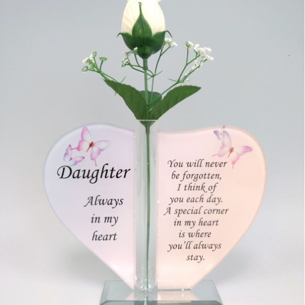 Daughter Glass Heart Plaque with Single Silk Rose 1