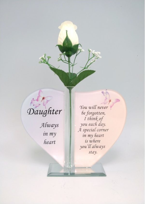 Daughter Glass Heart Plaque with Single Silk Rose 1