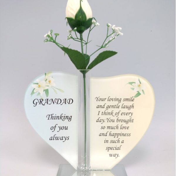 Grandad Glass Heart Plaque with Single Silk Rose 1