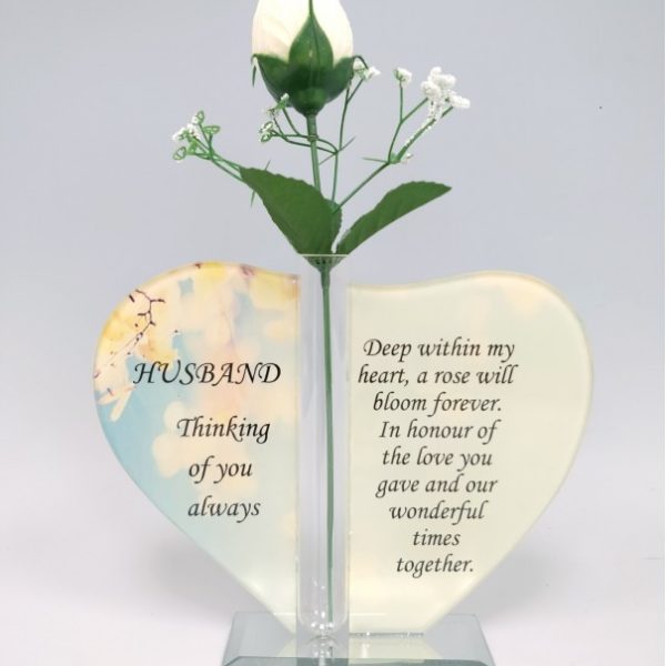 Husband Glass Heart Plaque with Single Silk Rose 1
