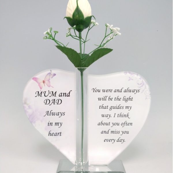Mum & Dad Glass Heart Plaque with Single Silk Rose 1