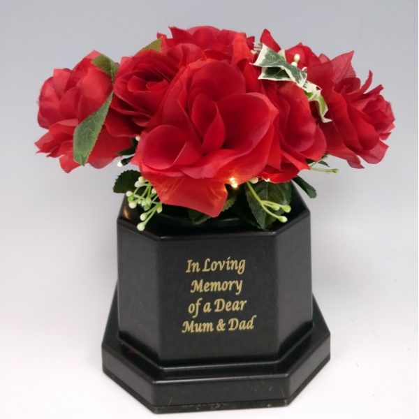 Mum & Dad Light Up with Silk Red Rose Grave Vase. 18 LED lights. Waterproof timer