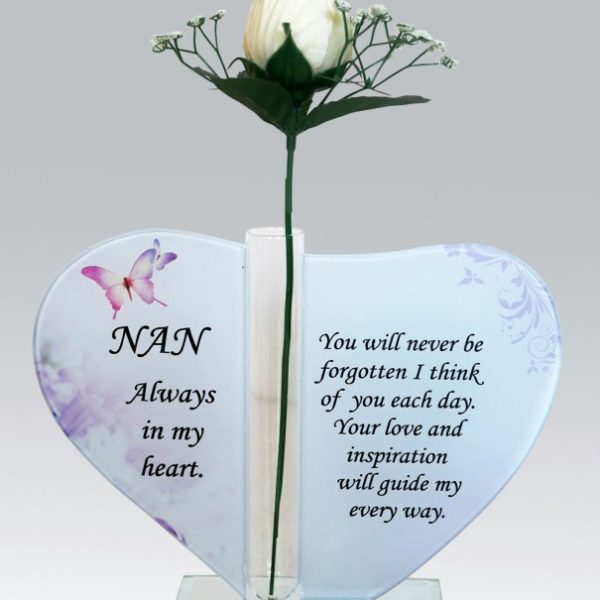 Nan Glass Heart Plaque with Single Silk Rose 1