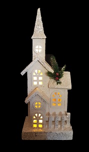 White Wooden Church with Picket Fence and LED lights 1