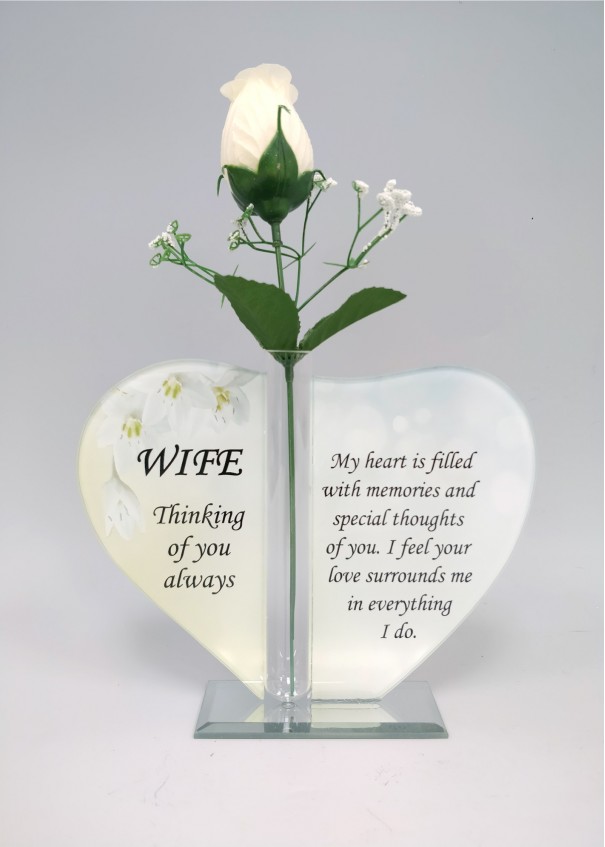 Wife Glass Heart Plaque with Single Silk Rose