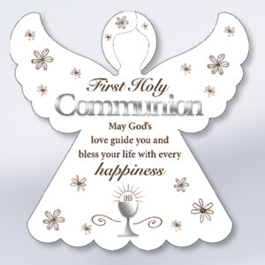 First Communion Wood Angel Plaque with Mirrored Motifs