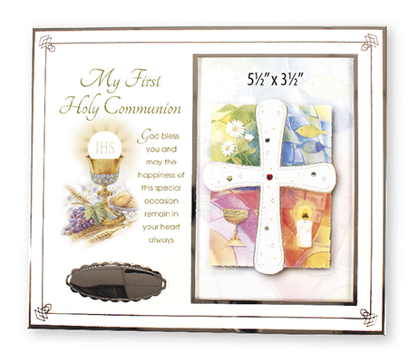 First Communion Symbolic White Enamel Photo Frame with Silver Plated Engraving Plate