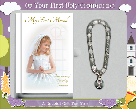 First Communion Gift Set Girl With Hardback Book and Rosary Bracelet