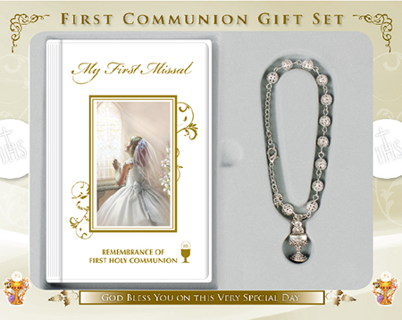 First Communion Gift Set Girl With Hardback Book and Rosary Bracelet