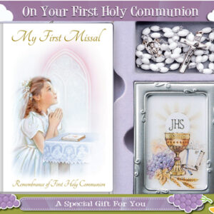 First Communion Gift Set Girl with Hardback Book, Photo Frame & White Rosary Bead.