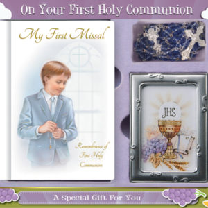 First Communion Gift Set Boy with Hardback Book, Photo Frame & Blue Rosary Bead.