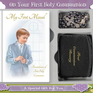 First Communion Gift Set Boy with Hardback Book, Black Rosary Purse & Hematite Bead.