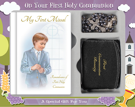 First Communion Gift Set Boy with Hardback Book, Black Rosary Purse & Hematite Bead.