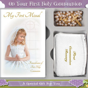 First Communion Gift Set Girl with Hardback Book, White Rosary Purse & Imitation Pearl Bead.