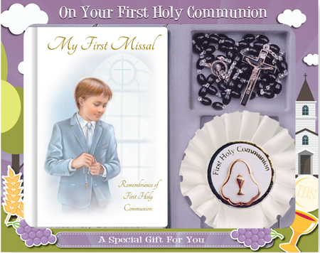 First Communion Gift Set Boy Hardback Book, Rosette & Black Rosary Beads 1