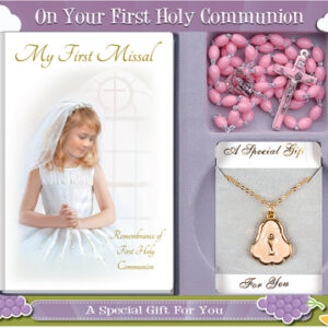 First Communion Gift Set with Hardback Book, Pink Rosary & Enamel Pearl Inlay Medal on Chain