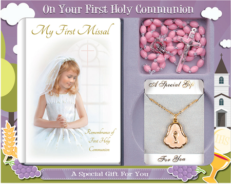 First Communion Gift Set with Hardback Book, Pink Rosary & Enamel Pearl Inlay Medal on Chain 1