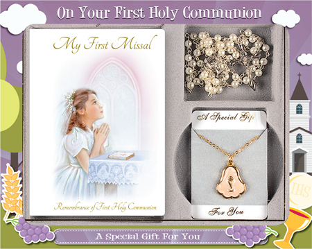 First Communion Gift Set Girl with Paperback Book, Imitation Pearl Bead & Enamel Pearl Inlay Medal