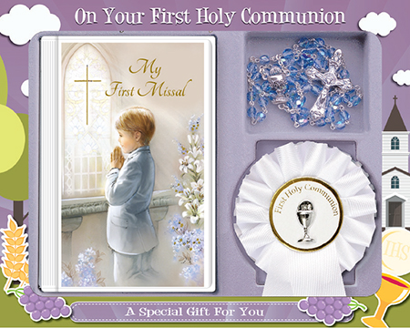 First Communion Gift Set Boy with Hardback Book Beads & Rosette 1