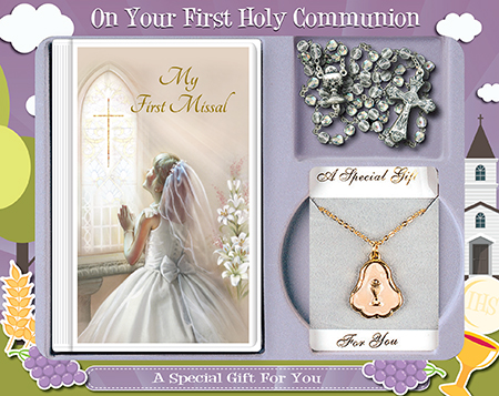 First Communion Gift Set Girl With Hardback Book, Glass Rosary & Enamel Pearl Inlay Medal on Chain   1