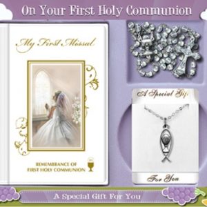 First Communion Gift Set Girl with Hardback Book, Crystal Bead & Chalice Motif on Chain