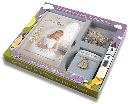 First Communion Set Girl With Hardback Book Heart Shaped Bead & Enamel Pearl Inlay Medal o