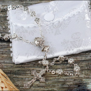 Communion Rosary - Metallised Silver with White Embroidered Fabric Purse