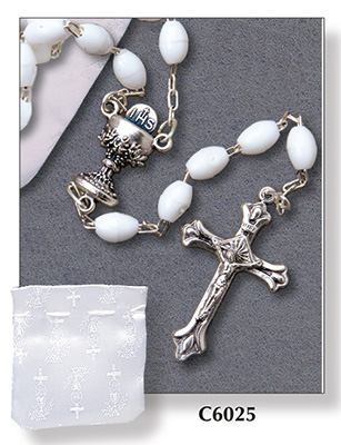 Communion White Rosary Bead Plastic with White Embroidered Fabric Purse