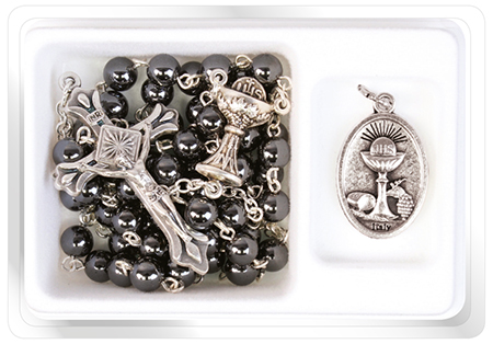 First Communion Imitation Hematite Rosary Bead & Metal Medal 1