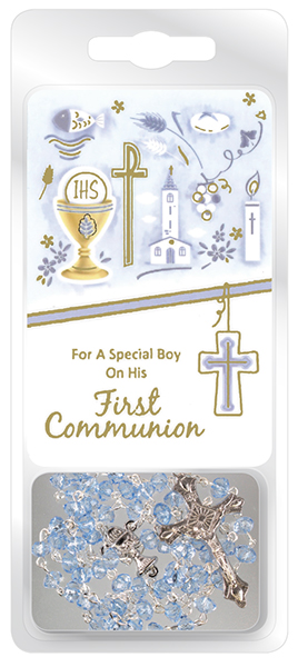 C6088 Blue Communion Rosary Acrylic Blue with Laminated Prayer Card