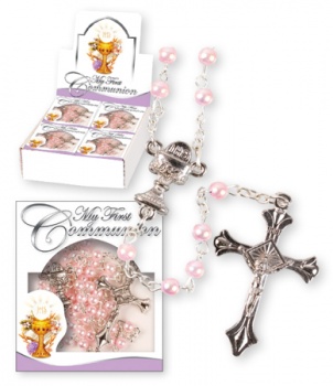 First Communion Imitation Pearl Rosary Pink 1
