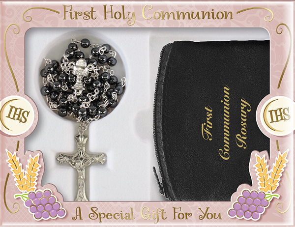 C6183 Communion Hematite Rosary Bead Boy with Black Purse