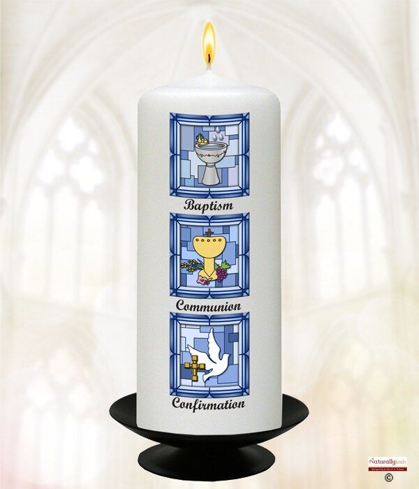 BCC Font Cross and Dove Blue Christening Candle Product Code CHNP 989966 9inch 989973 6inch