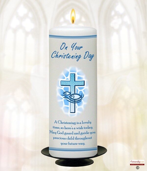 Cross & Fish & Border Blue Christening Candle Product Code Ch 100620 9 Inch CH 100682 6 Inch