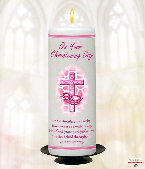 Cross & Fish & Border Pink Christening Candle Product Code Ch 100620 9 Inch CH 100637 6 Inch