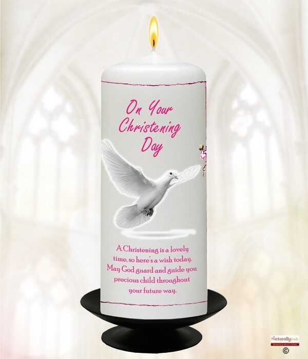Flying Dove & Cross Pink Christening Candle Product Code CHNP 999637 9inch 999644 6inchjpg