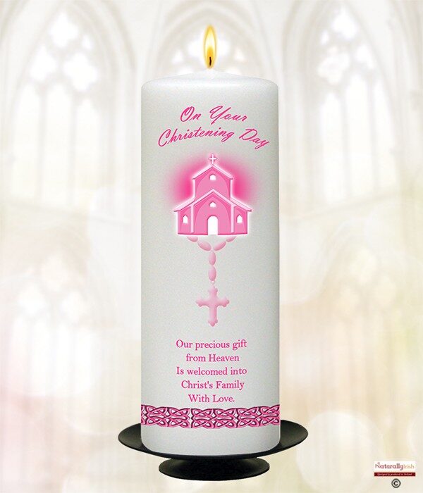 Rosary & Church Pink Christening Candle Product Code 980529 9 Inch 980512 6 Inch