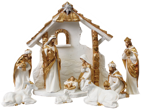 €90 – 11.75 inch Hand Painted White Finish With Gold Highlights Nativiity set with Shed – 89419